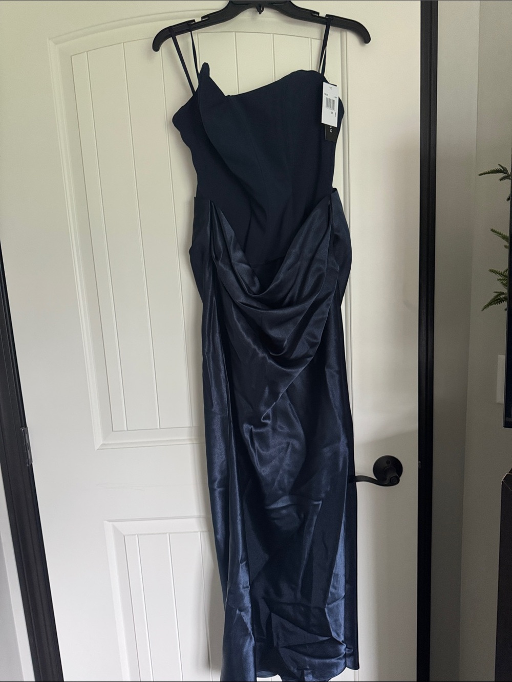 Betsy & Adam Navy Strapless Draped Satin Gown